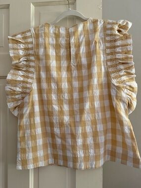 English Factory khaki and White Gingham Ruffle-Sleeve Blouse size M